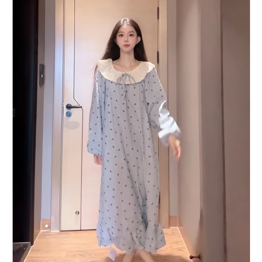 甜美公主风减龄甜美圆领长袖长款宽松纯棉睡衣女春秋季家居服睡裙