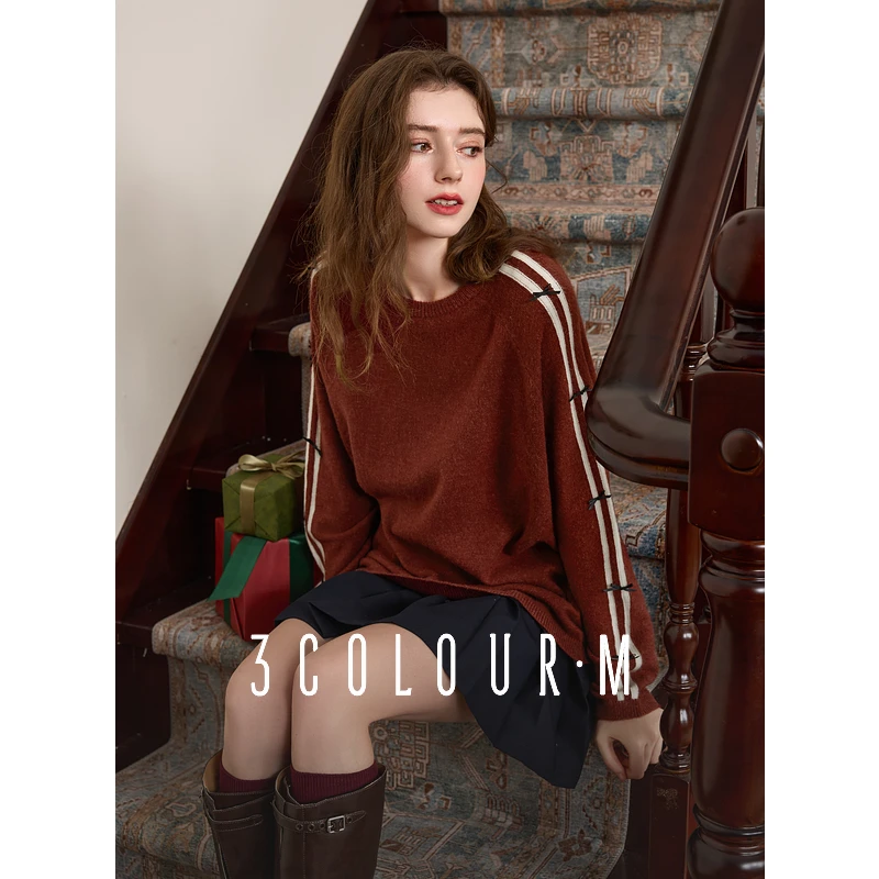 【大叔专享】D401XM405M00三彩2025春季新款蝴蝶结毛衣撞色条dbx