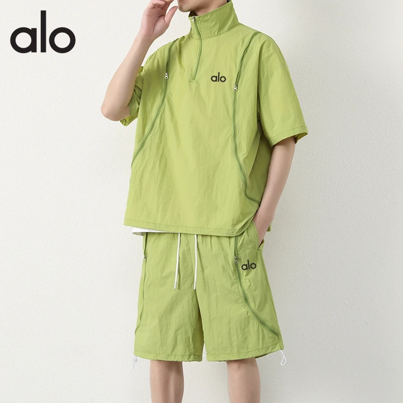 alo夏季速干户外休闲运动套装男短袖短裤百搭薄款帅气宽松日系