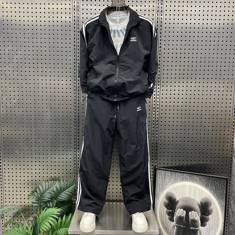 2025春夏新款男美式三条杠运动套装条纹速干夹克青年直筒休闲长裤