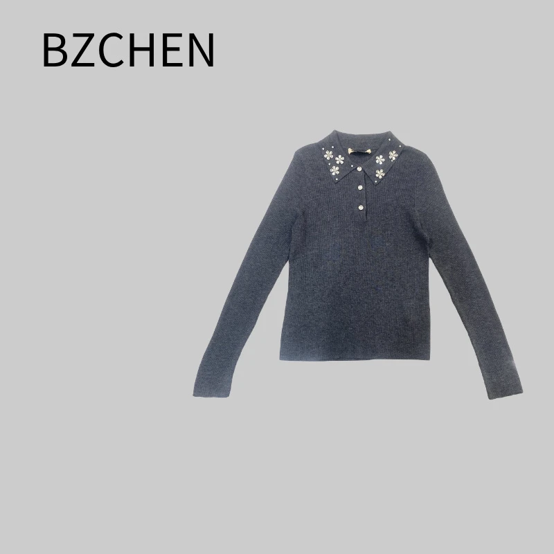 BZCHEN法式风短款净色针织翻领毛针织衫提花女装套头衫