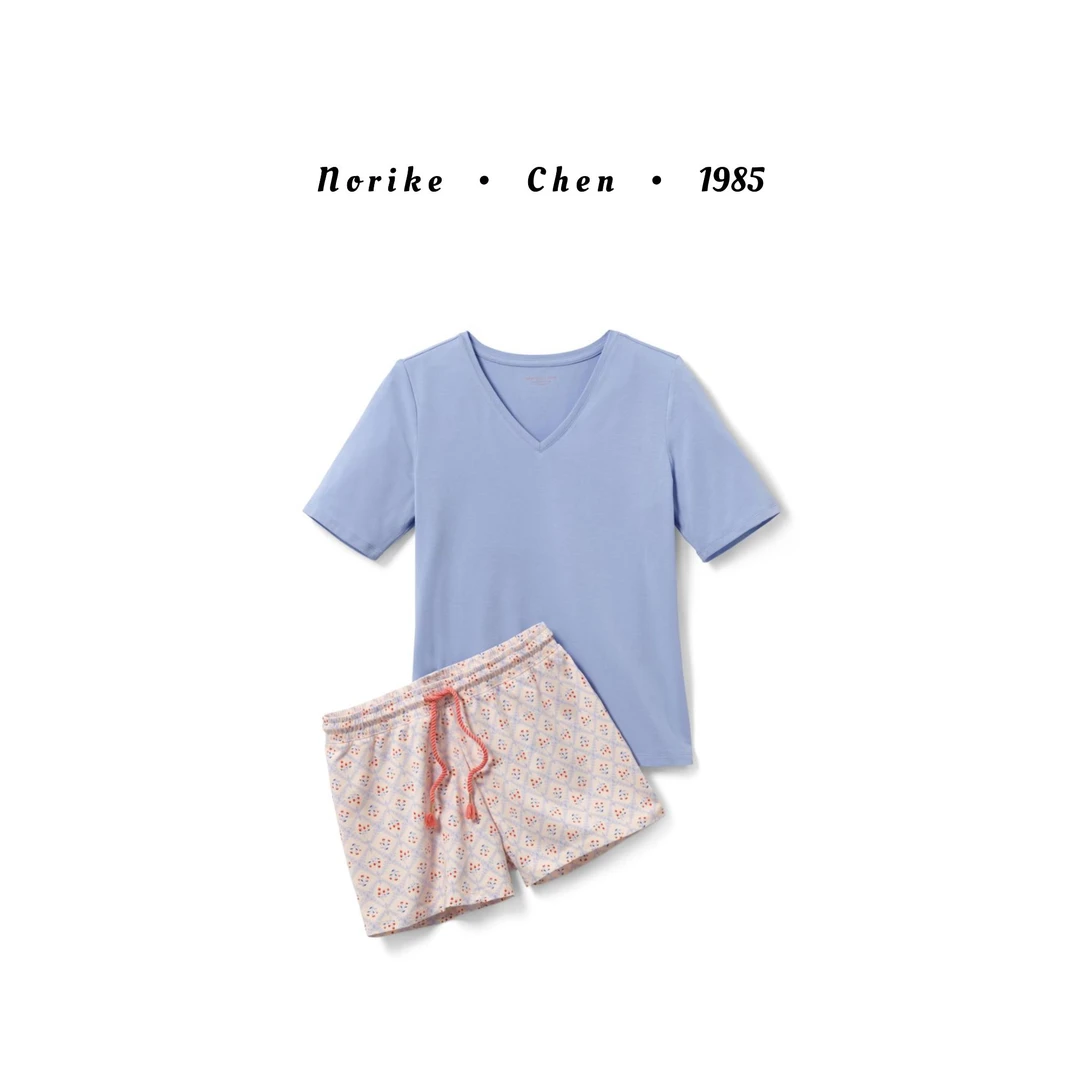 QB蓝短袖花短裤家居套装柔软棉弹简T沙滩裤女款睡衣NK57241