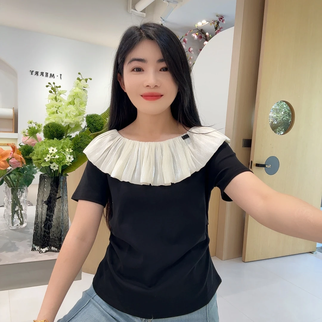 QC 253234  韩系荷叶边拼接撞色短袖显瘦洋气T恤