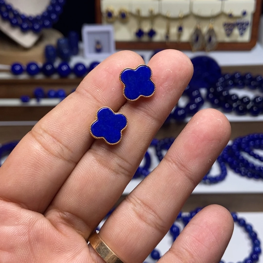 青金石银S925镶嵌耳钉四叶草