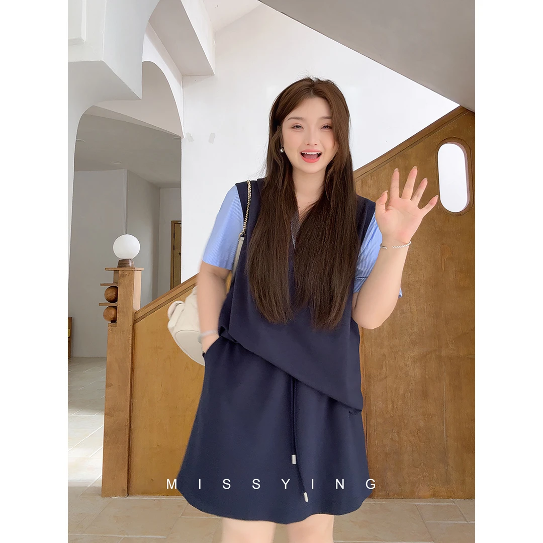 应小姐【南风】微胖大码韩系风显瘦夏季假两件学院风上衣+半裙套装