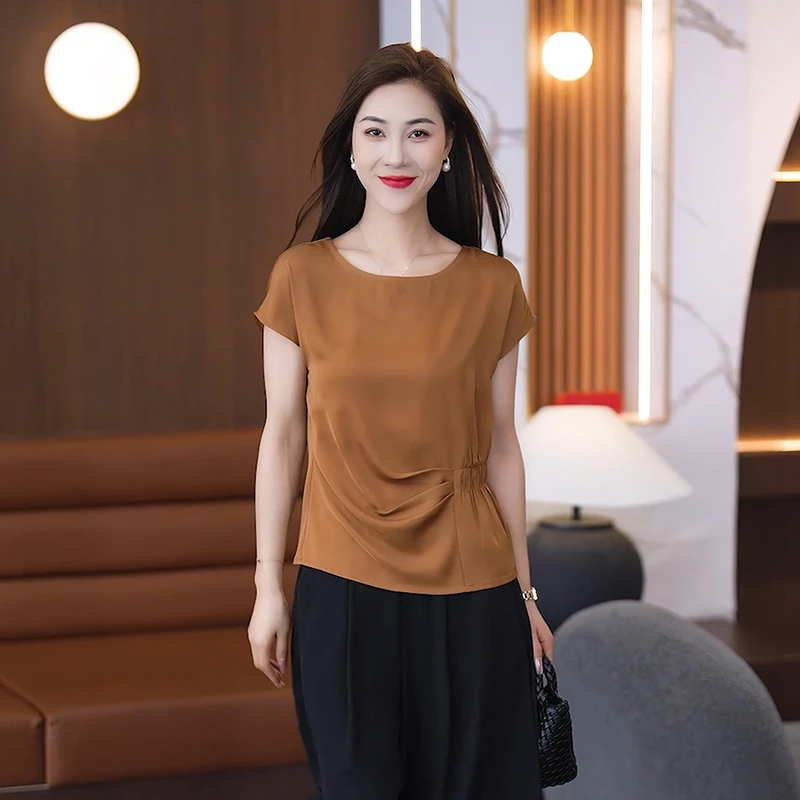 拉夏贝尔短袖雪纺衫女夏季2025新款小衫短款洋气减龄宽松遮肚上衣