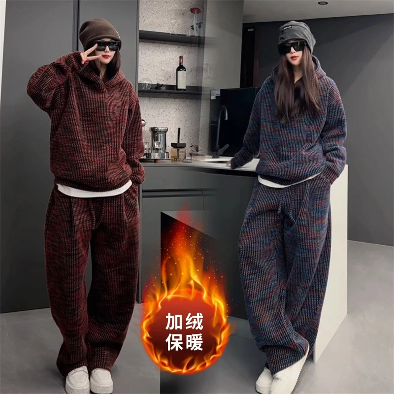 定制情侣款加绒套装免烫抗皱重磅冬季休闲连帽卫衣休闲裤两件套