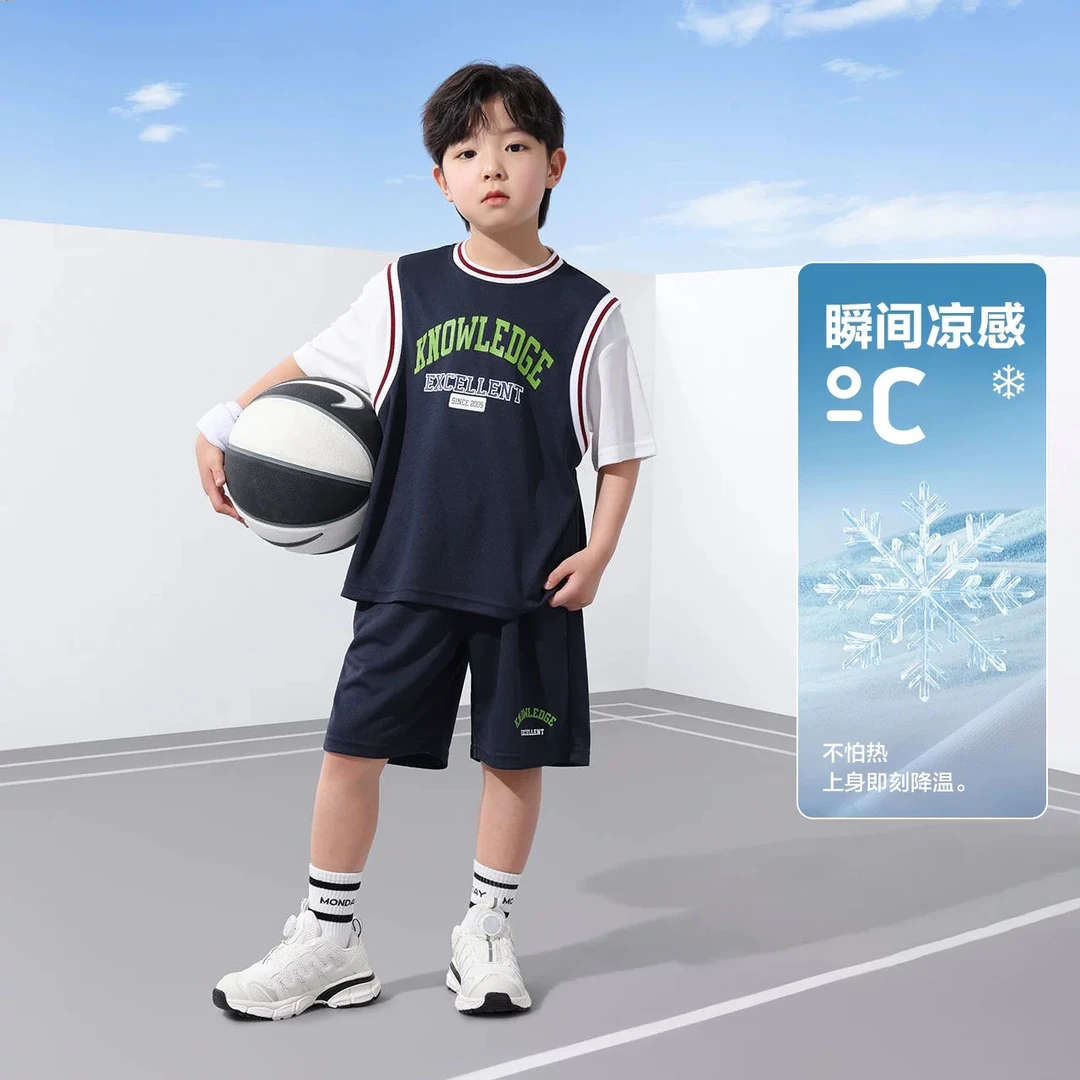 汇品达新款男童运动套装夏季短袖球服套装2025宝宝薄款速干假两件