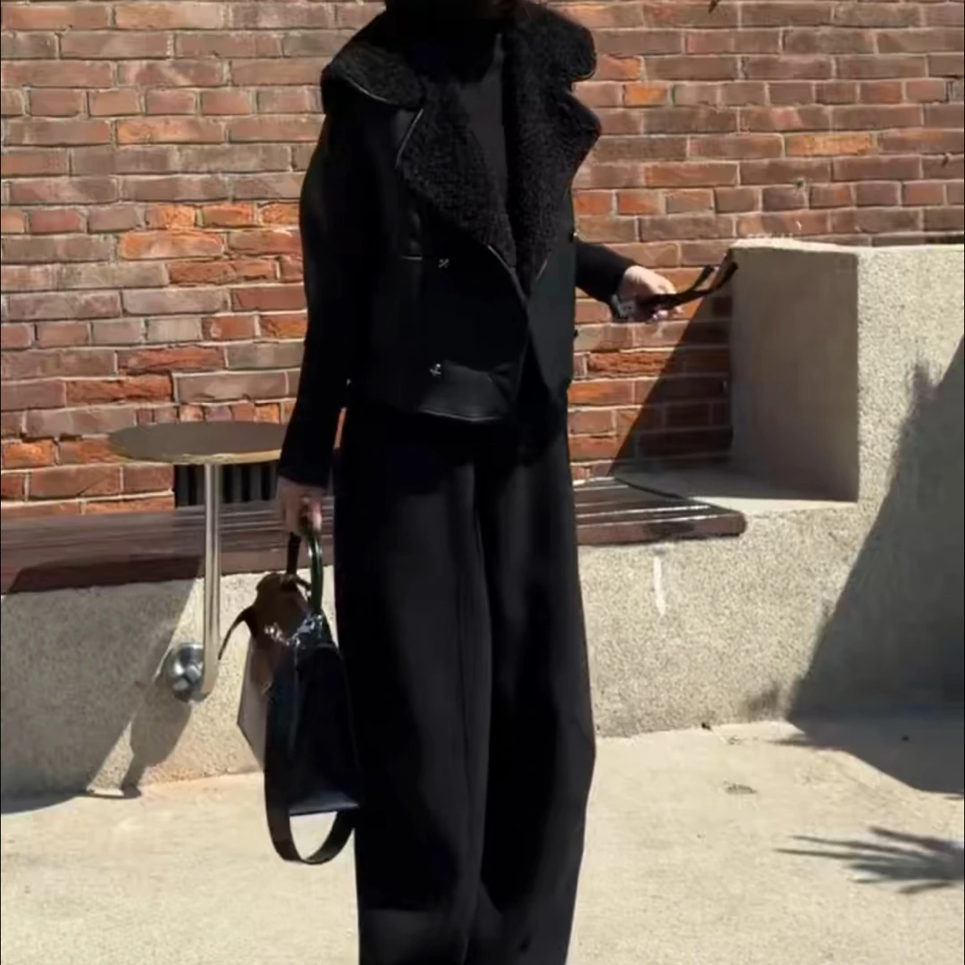 新款长袖拉链开衫一体马甲阔腿裤时尚显瘦