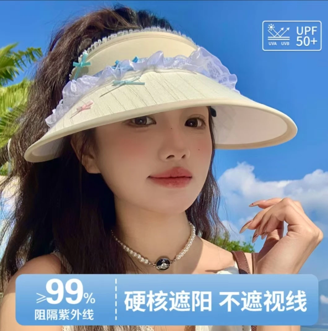 蝴蝶结蕾丝空顶防晒帽女夏季大帽檐防紫外线遮阳帽户外太阳帽子潮