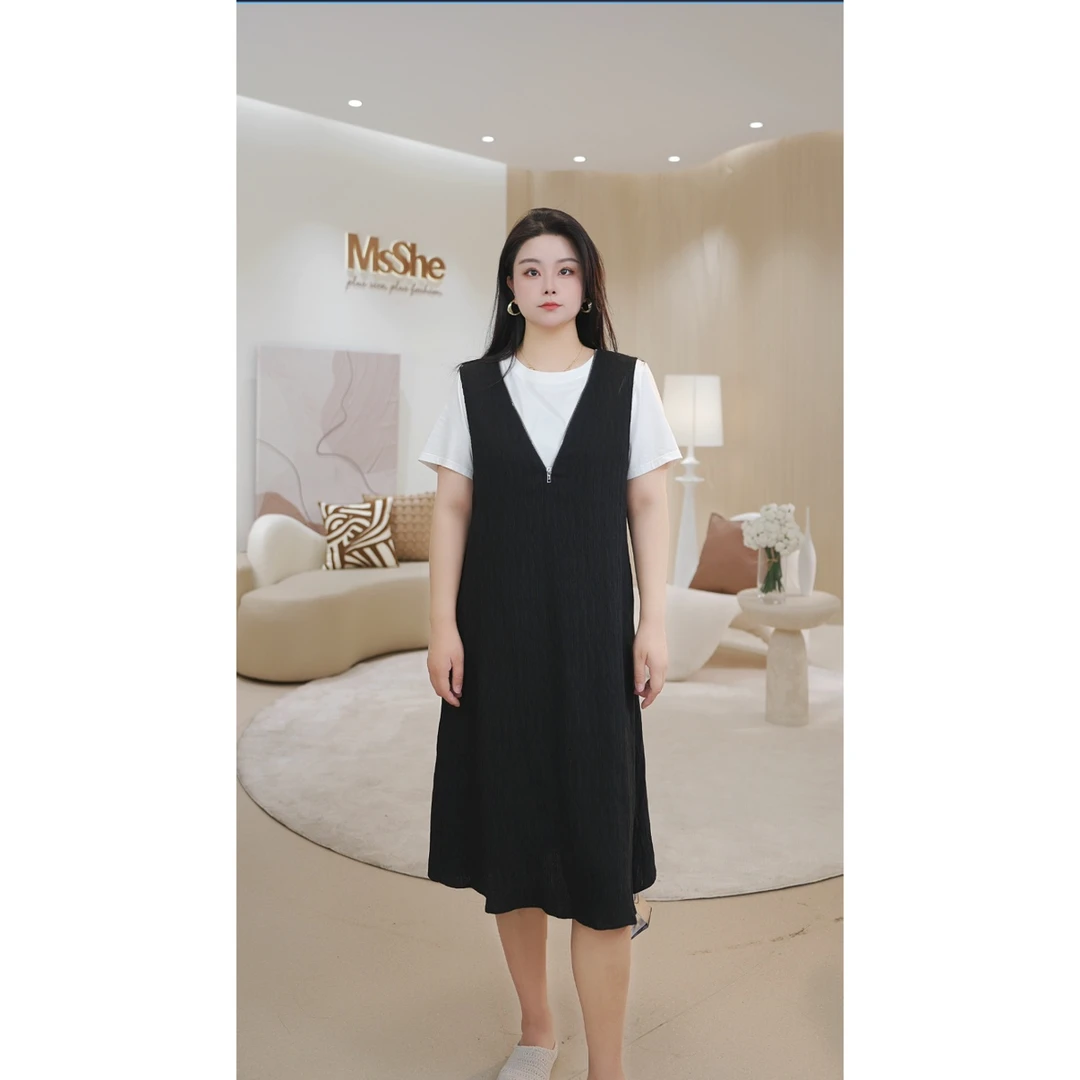 【曼姿华章-真两件肌理感连衣裙套装】MsShe大码女2025秋A2506016