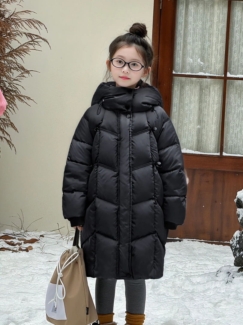 韩版冬款长袖长款男女童保暖时尚百搭连帽宽松加厚羽绒服冬季