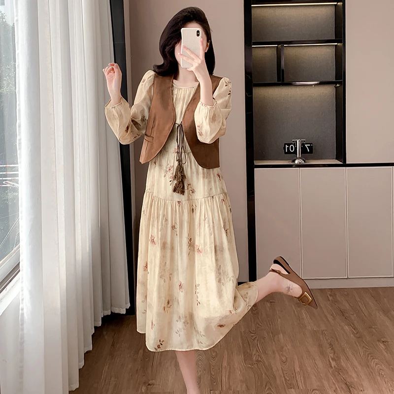 实拍法式复古碎花连衣裙女2025新款早秋穿搭高级感马甲裙子套装