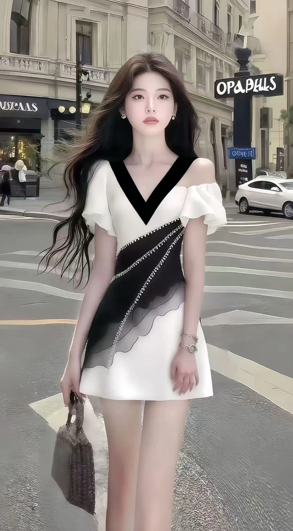 夏季新款时尚温柔风杏色V领修身收腰短袖露肩连衣裙女氛围感女装