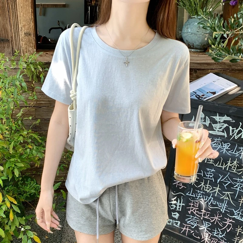 春夏圆领套头短袖T恤女夏季2025新款韩系日光蓝宽松休闲百搭上衣