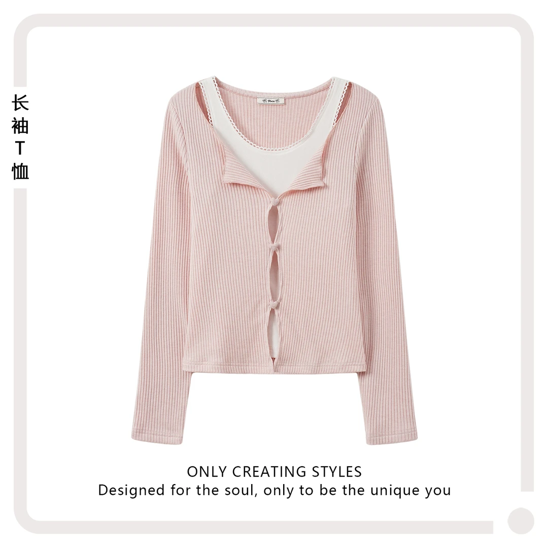 【现货】粉色假两件拼接针织内搭温柔风修身显瘦甜美长袖T恤上衣女