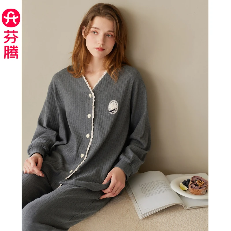 芬腾睡衣女2025春秋新款纯棉长袖套装女款抗静电休闲可外穿家居服