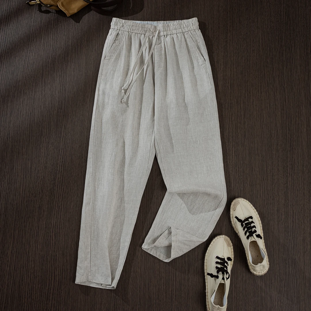 2025夏季新款纯亚麻休闲松紧腰裤男士直筒废土风宽松纯色薄款男裤