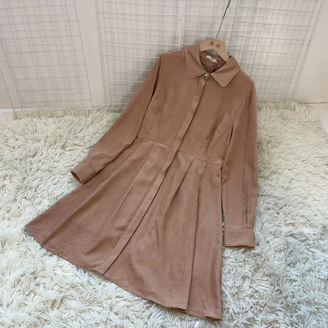 鲁家 衬衫领中长款文艺复古收腰宽松长袖A字裙 05019 无腰带