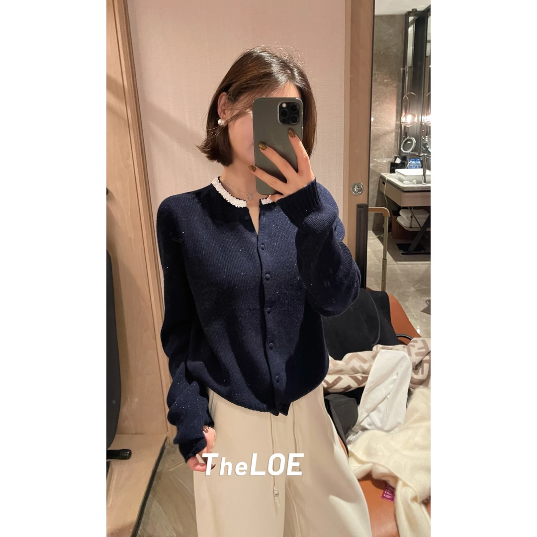 TheLOE/【小香编织领纯羊毛毛衣】270g撞色圆领针织开衫#LE-T2502