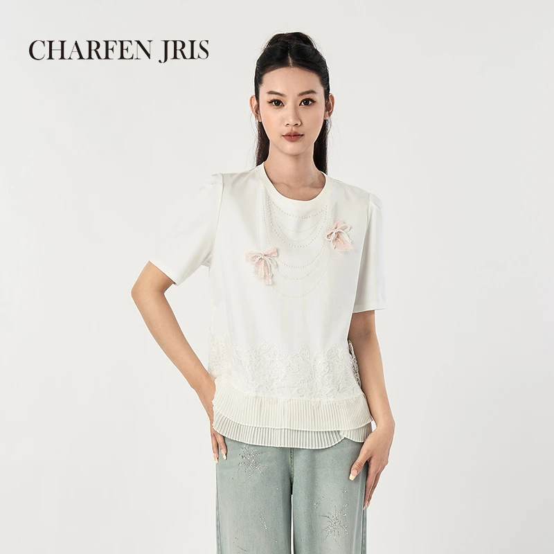 【达人】CHARFEN朝峰夏季休闲百搭圆领烫钻压褶T恤FJF2D659-6380B