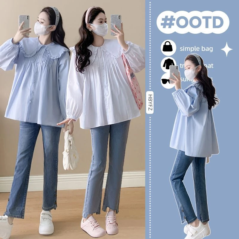 孕妇装春季2025新款时尚百搭衬衫显瘦衬衣洋气娃娃领休闲衬衫