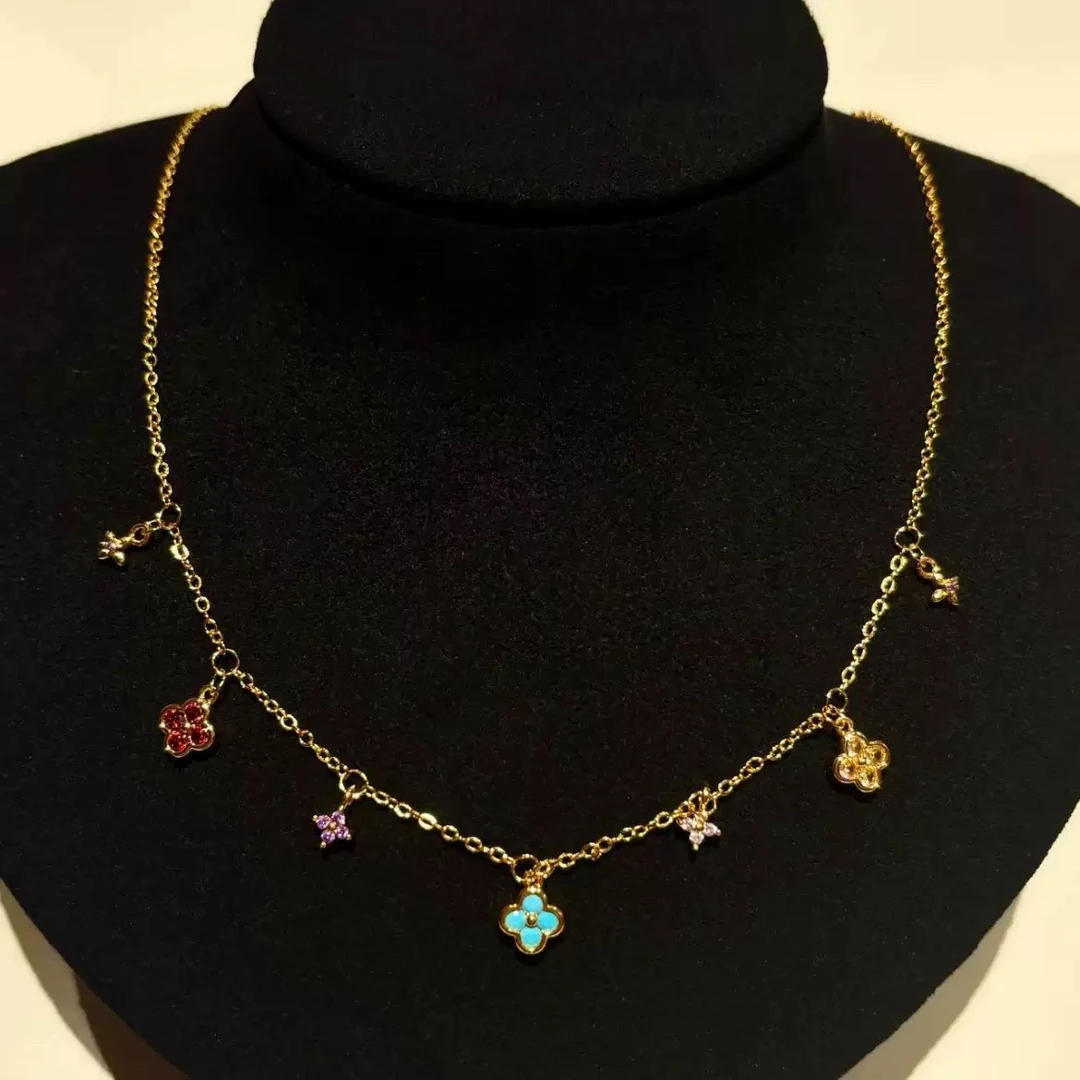 铜合金吊坠 金色铜合金彩色锆石四叶草吊坠新中式气质轻奢项链