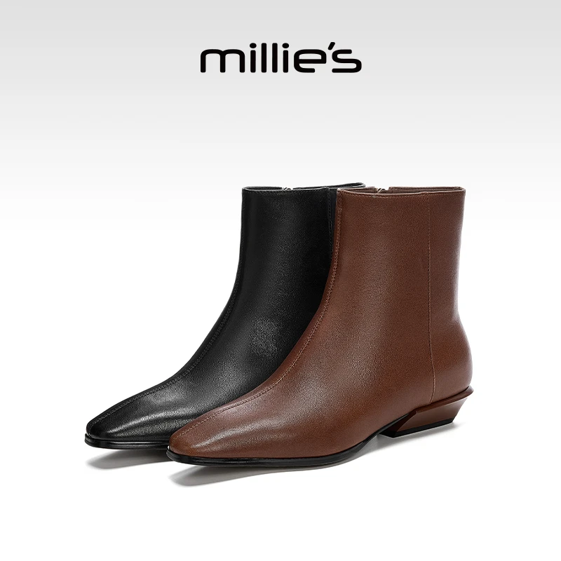 妙丽增高低跟后拉链女方头极简风短靴休闲风保暖秋季坡跟