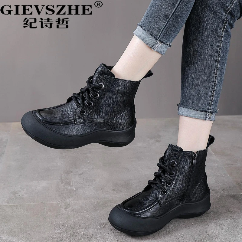纪诗哲厚底百搭女靴2025秋季新款真皮系带休闲英伦风旅行短靴女款