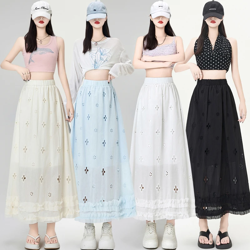 冰丝镂空蕾丝刺绣半身裙女夏季温柔直筒蛋糕伞裙a字裙中长裙