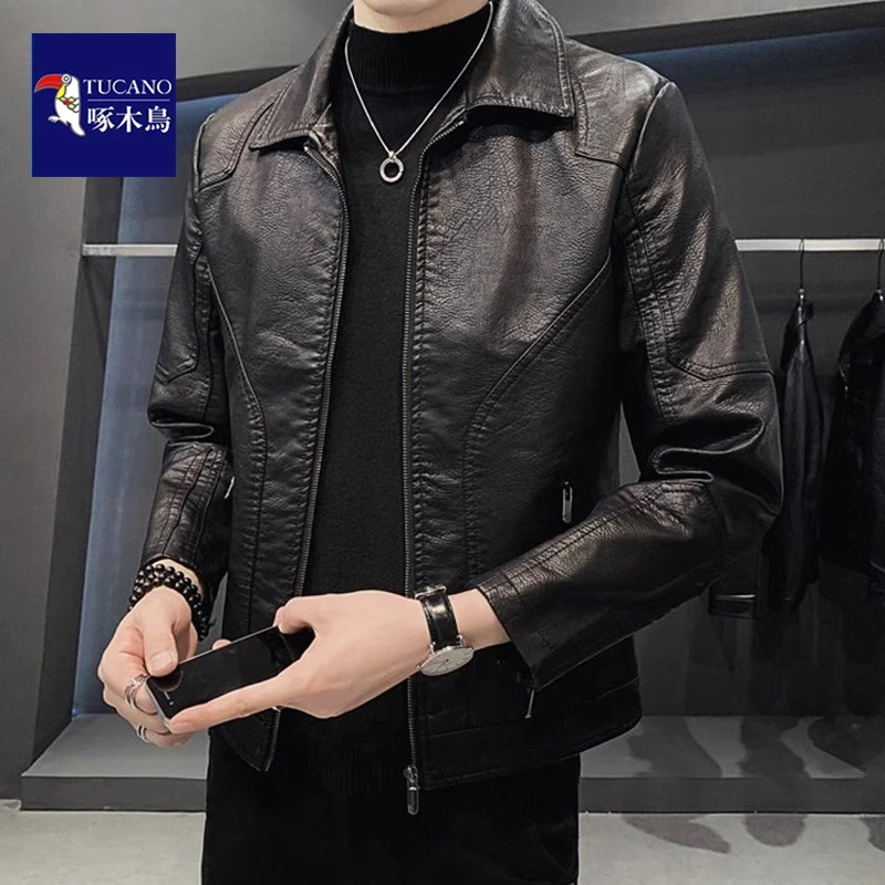 啄木鸟春秋新款PU皮衣男士秋冬加绒修身休闲百搭机车夹克男士外套