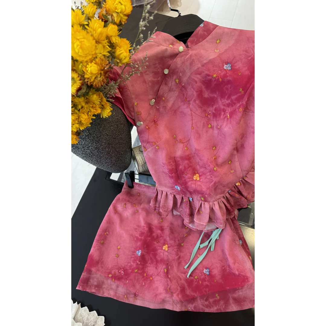 0号【嗒丽家】多巴胺撞色氛围感改良新中式套装2025年夏季新款