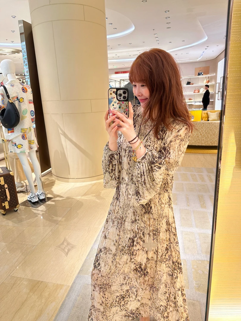 【BORAKOO】青石色碎花压褶长袖连衣裙（含吊带）B