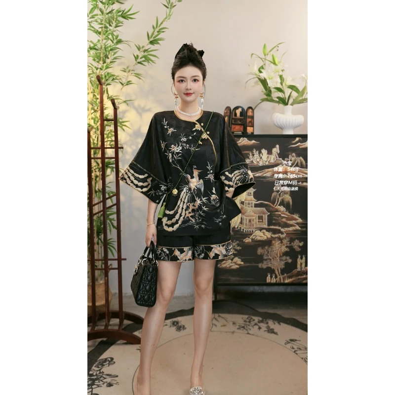 夏维莲2025新款大码显瘦时尚墨凰色上衣和长短裤(2736+2890）