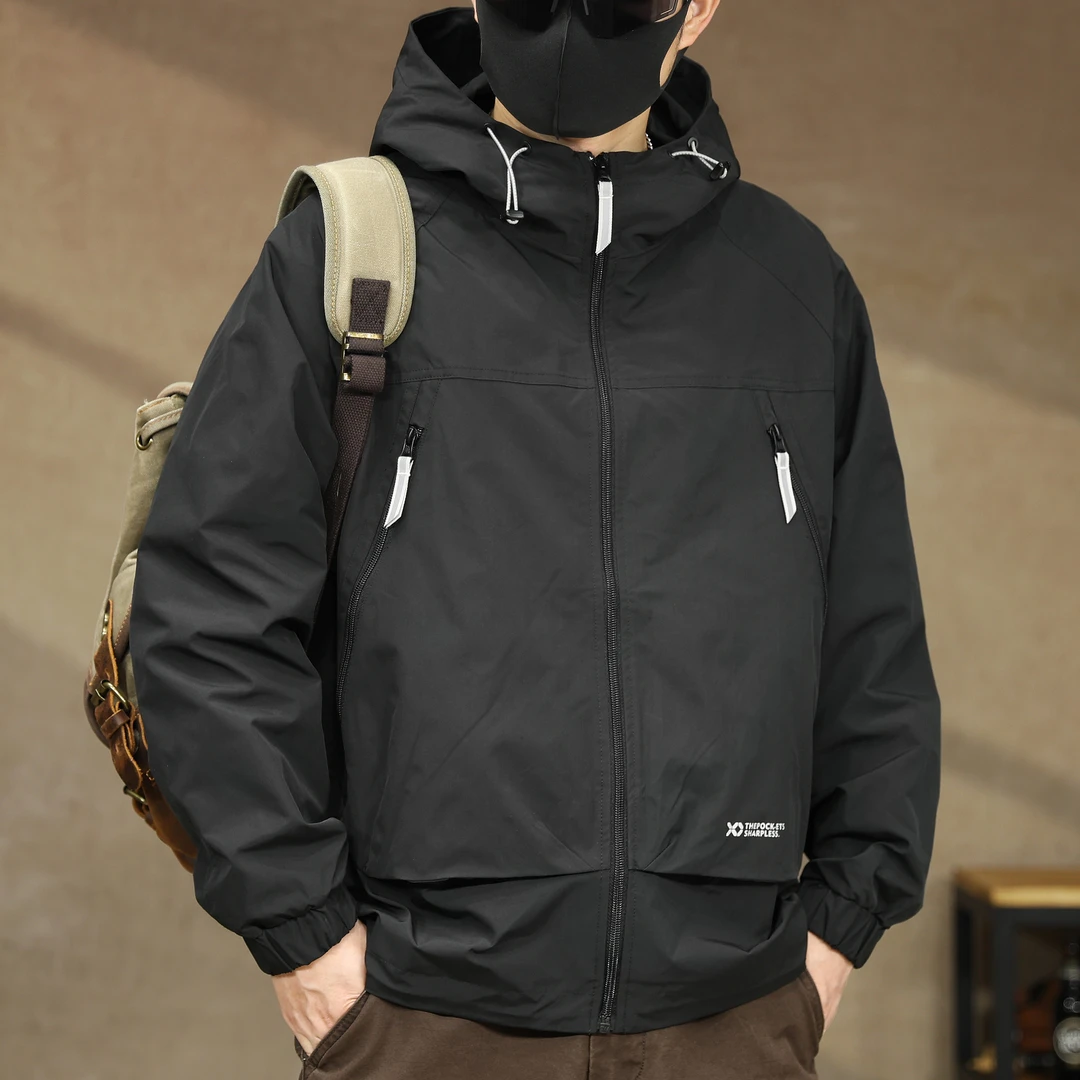 春秋高级感外套男士户外连帽秋冬新款工装夹克宽松大码开衫棉衣男