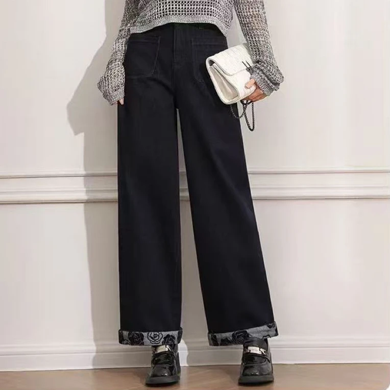 丹宁色高腰直筒牛仔裤女秋冬季新款宽松显瘦设计师奶奶裤6903