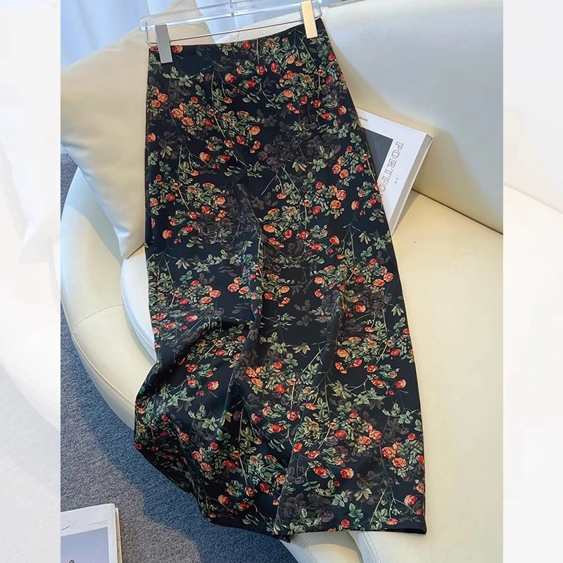 拉夏贝尔碎花中长款半身裙女夏季2025新款高腰显瘦一步包臀a字裙
