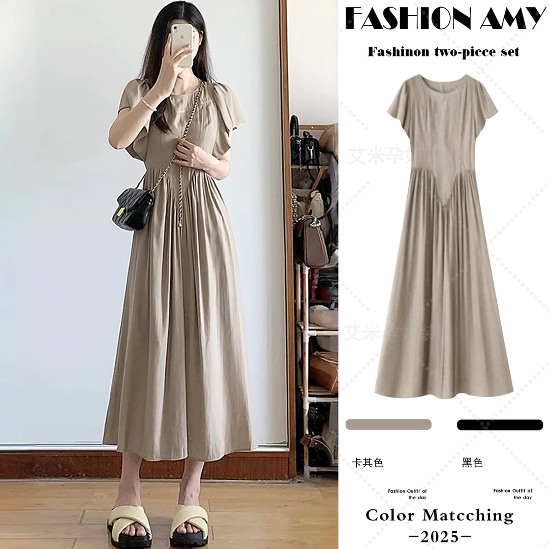 孕妇连衣裙夏季新款时尚法式气质荷叶袖小个子设计感露背显瘦裙子