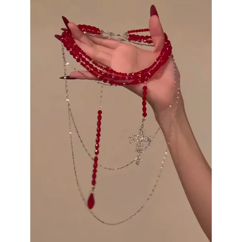 铜合金合成锆石项链 哥特辣妹风红色串珠项链多层叠戴锁骨链颈链