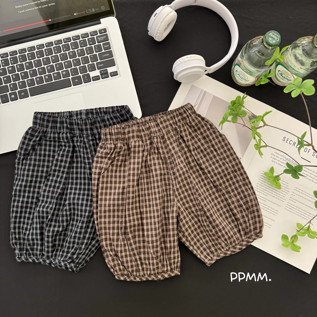 L1-6。K 08 夏季新款裤子男女童时尚百搭格子中裤薄款