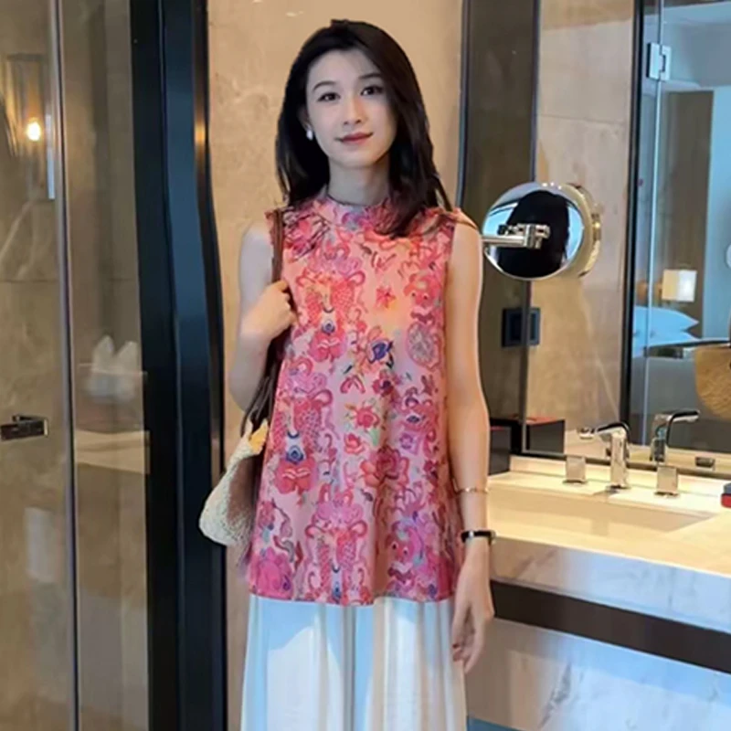 新中式国风套装女夏季新款洋气显瘦无袖印花盘扣衬衫阔腿裤两件套