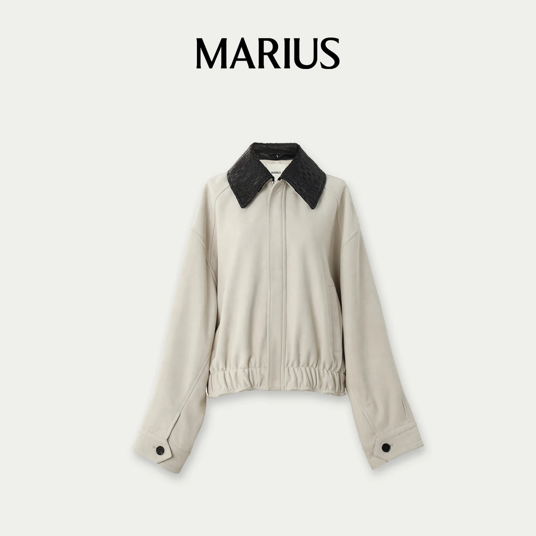 MARIUS“密歇根夹克”时尚秋冬短款拼接编制皮革领撞色夹克