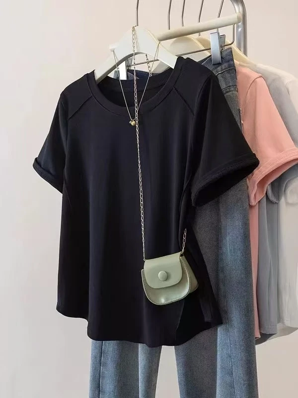 大码女装2025夏季新款设计感胖妹妹百搭显瘦鱼骨短袖上衣T恤#3008