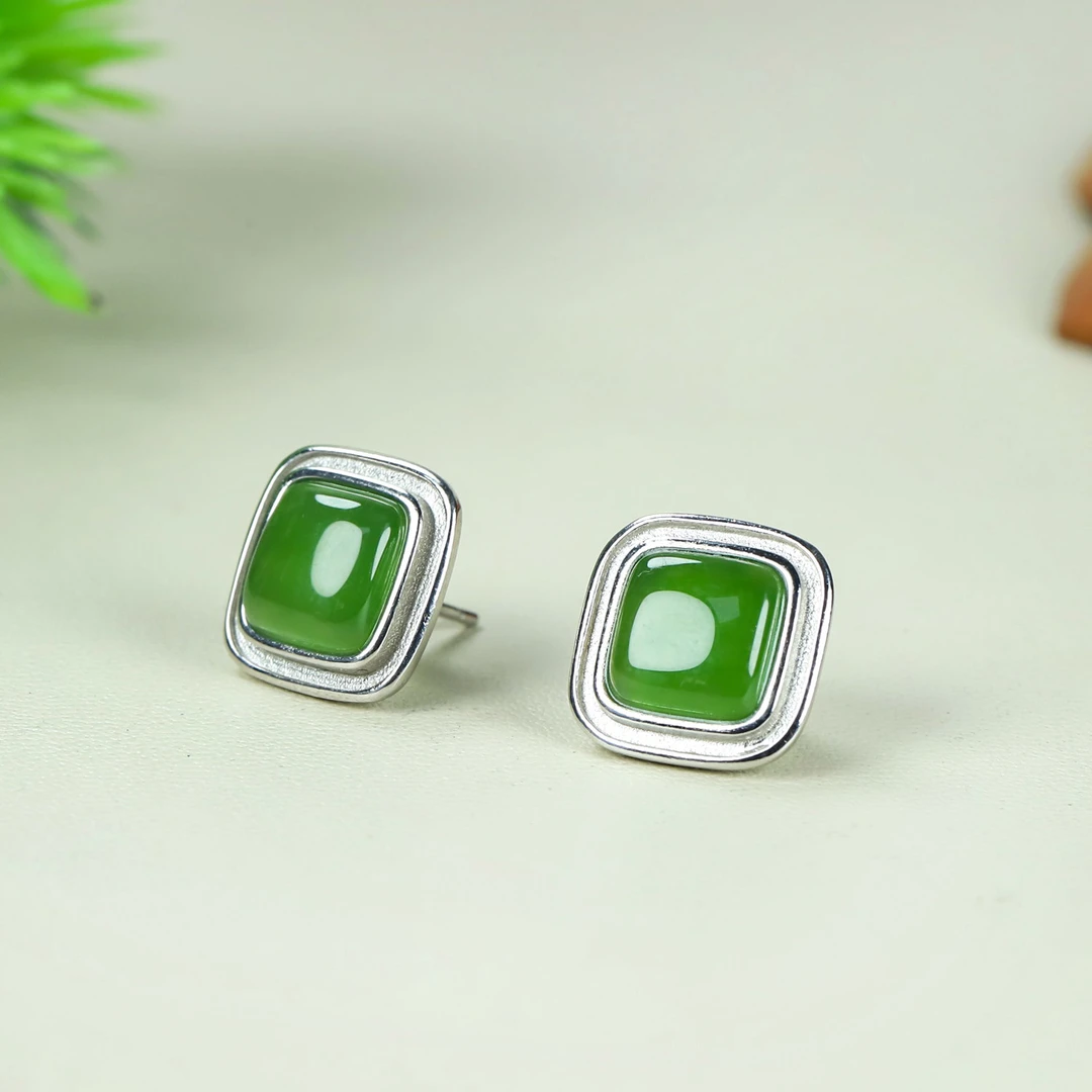 和田玉碧玉S925银镶嵌方形耳钉EZ45多样性发其一