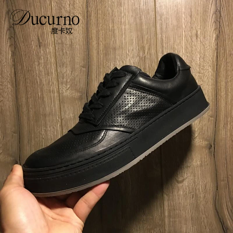 欧洲站2025秋夏新款牛皮平底小黑鞋透气休闲皮鞋男士透气真皮板鞋