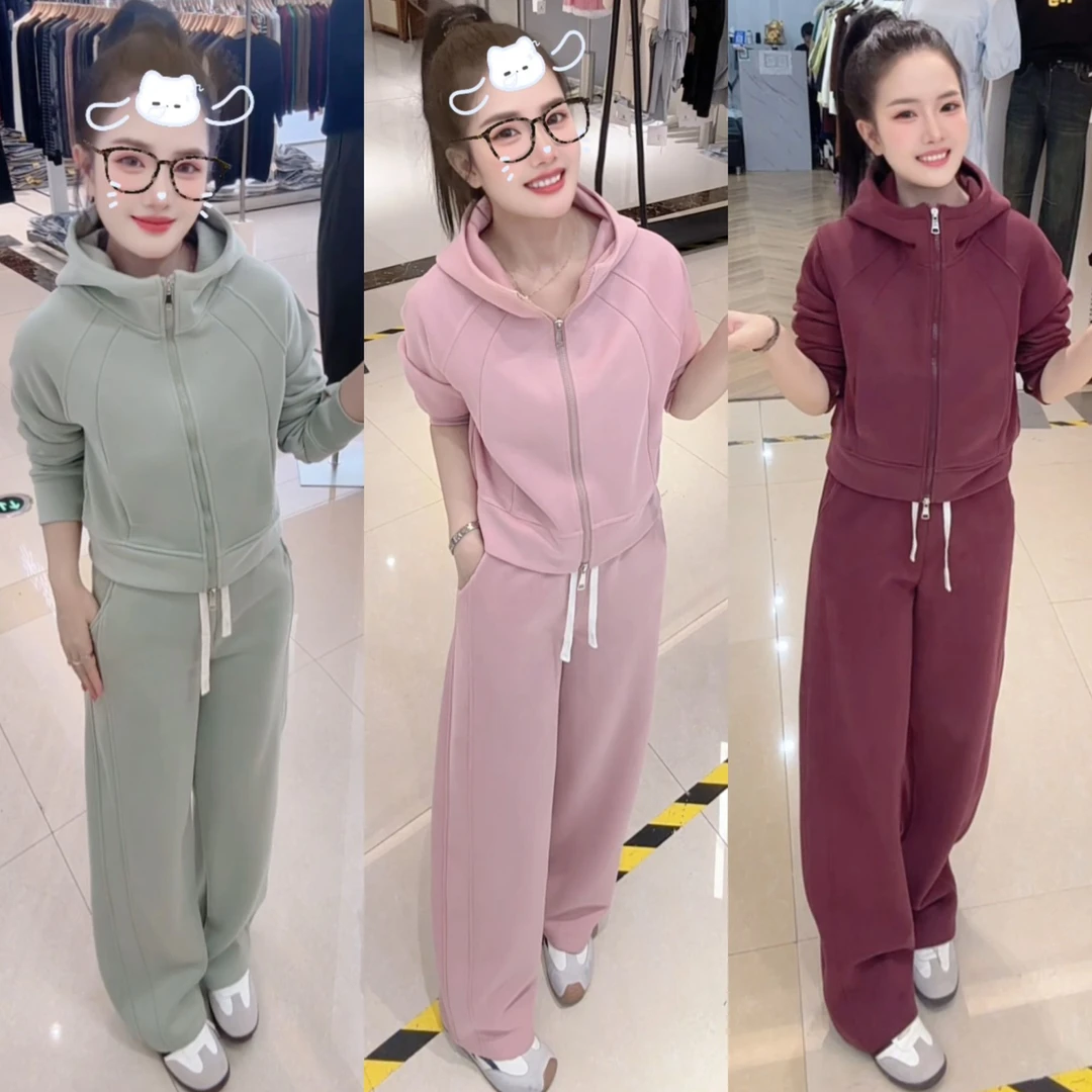 【加绒厚款】内里羊毛蚕丝云感动感女卫衣+卫裤两件套连帽款两件套