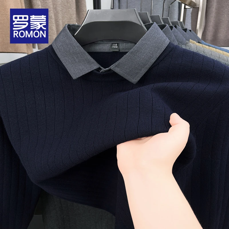 罗蒙轻奢韩版竖条纹假两件针织衫男秋冬潮牌加厚高档毛衣男款冬季