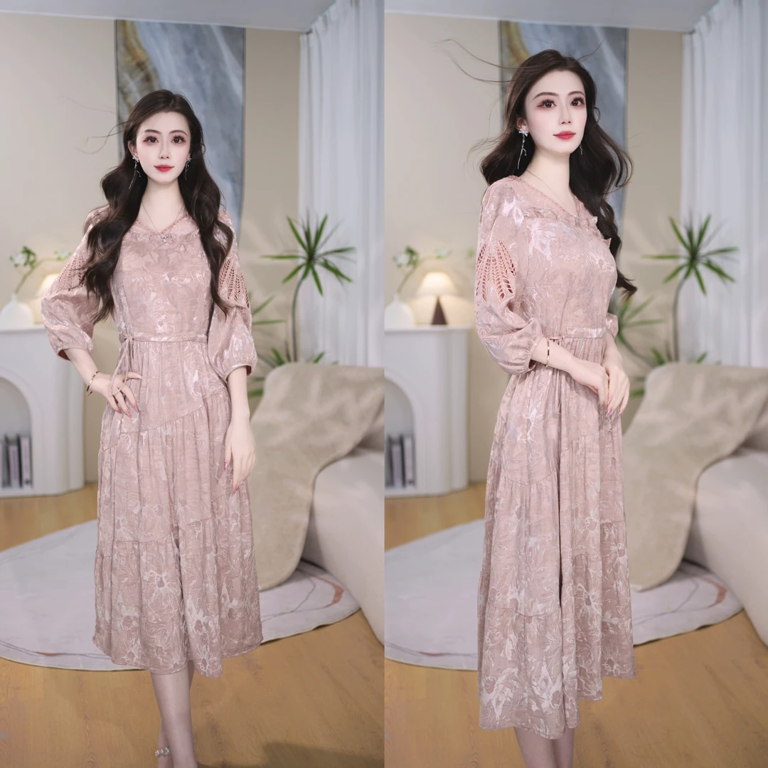 A字裙侧拉链拼接显瘦印花气质连衣裙法式长袖时尚宴会