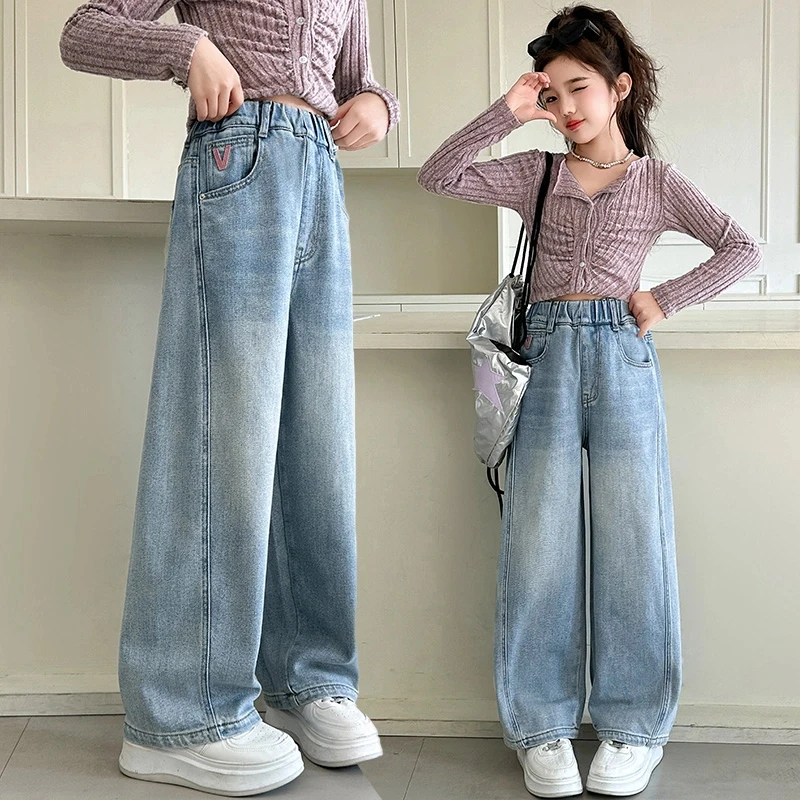 女童牛仔裤春秋2025新款中大童显瘦直筒百搭休闲长裤儿童弯刀裤子