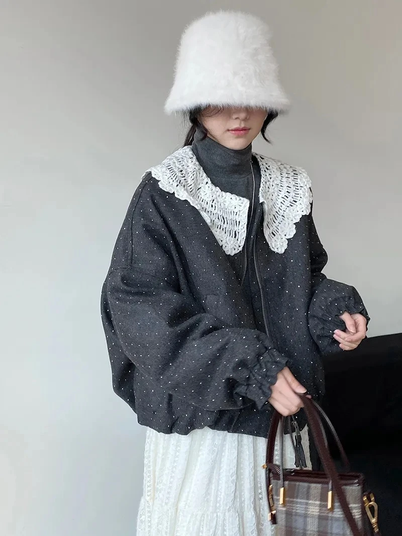 【代莹优选】99568娃娃领羽绒服女亮晶晶烫钻学院风上衣